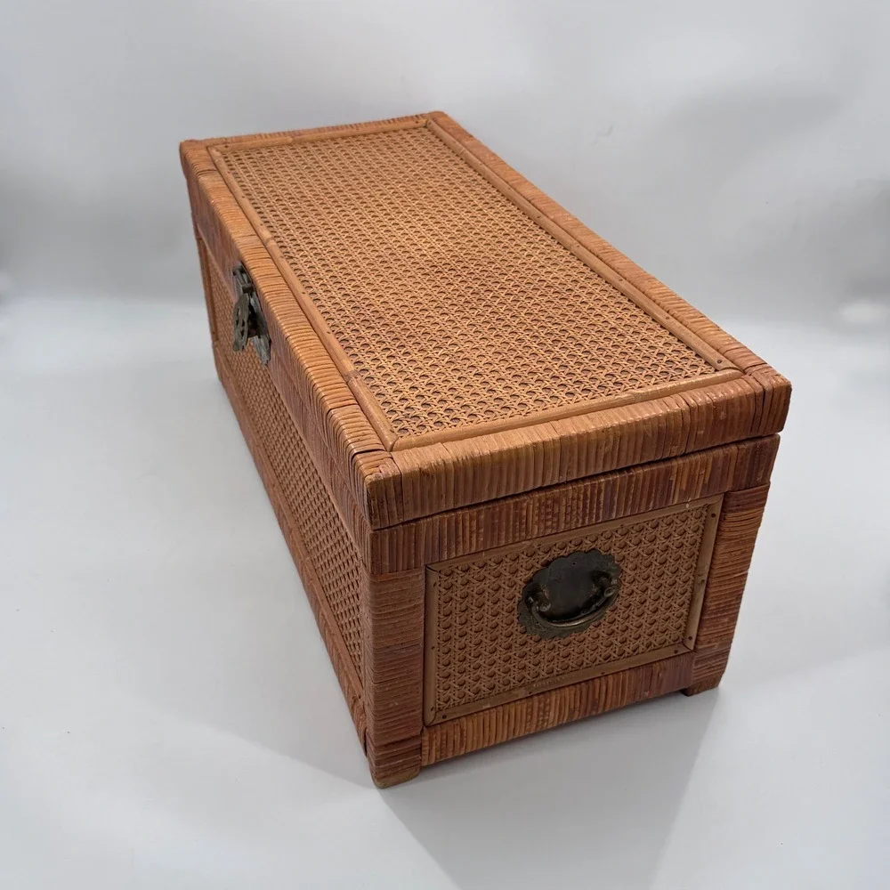 Vintage Chinese Cane & Rattan Storage Trunk Brass Hardware 27